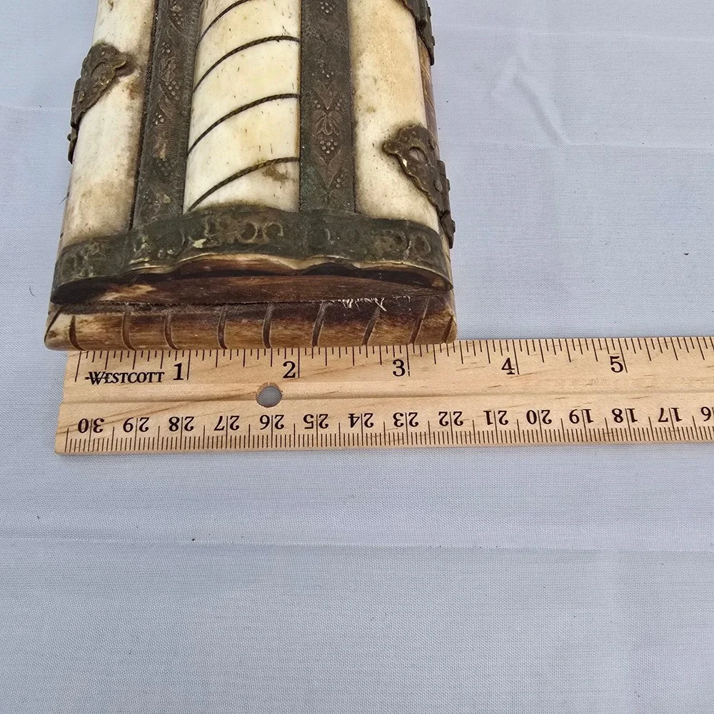 Vintage Camel Bone Trinket Box India Brass Inlay Velvet Lined Jewelry Chest